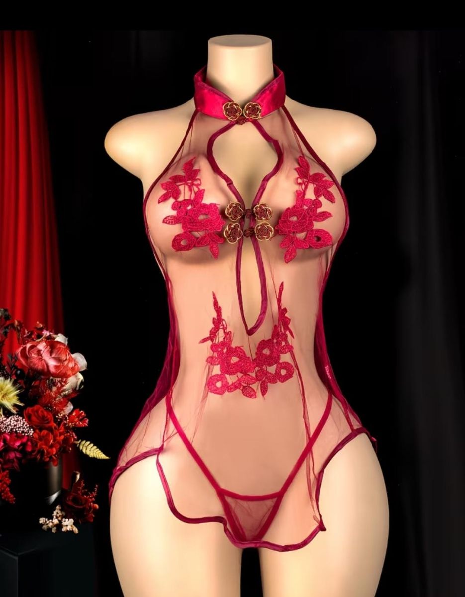 Traje Qipao Cheongsam Rojo Transparente
